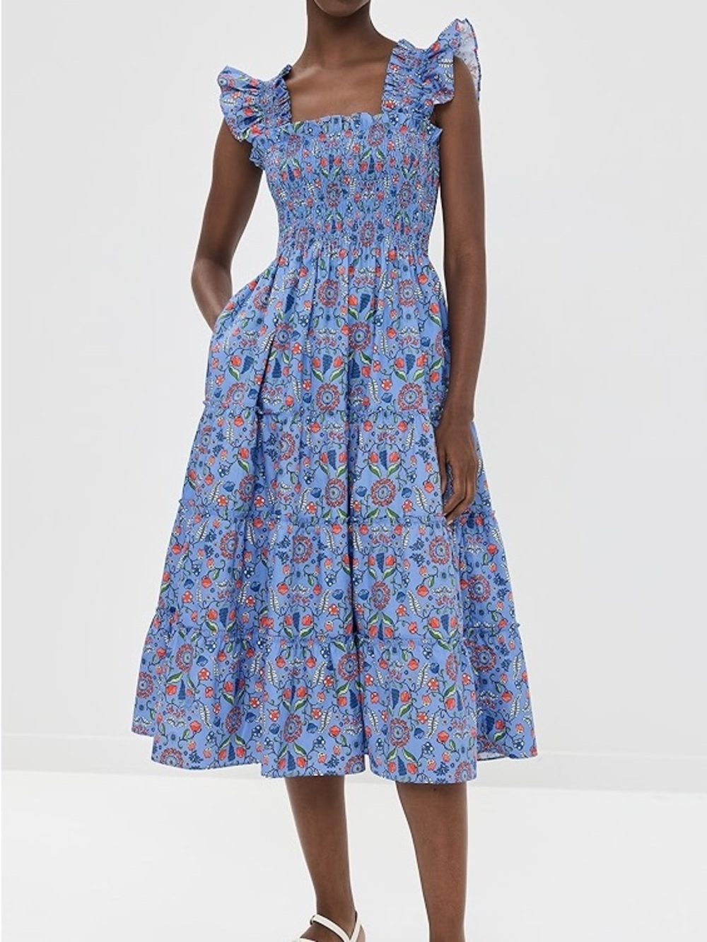 Hill House Ellie Nap Dress Smocked Ruffle Strap Midi Dress in Light Blue Floral